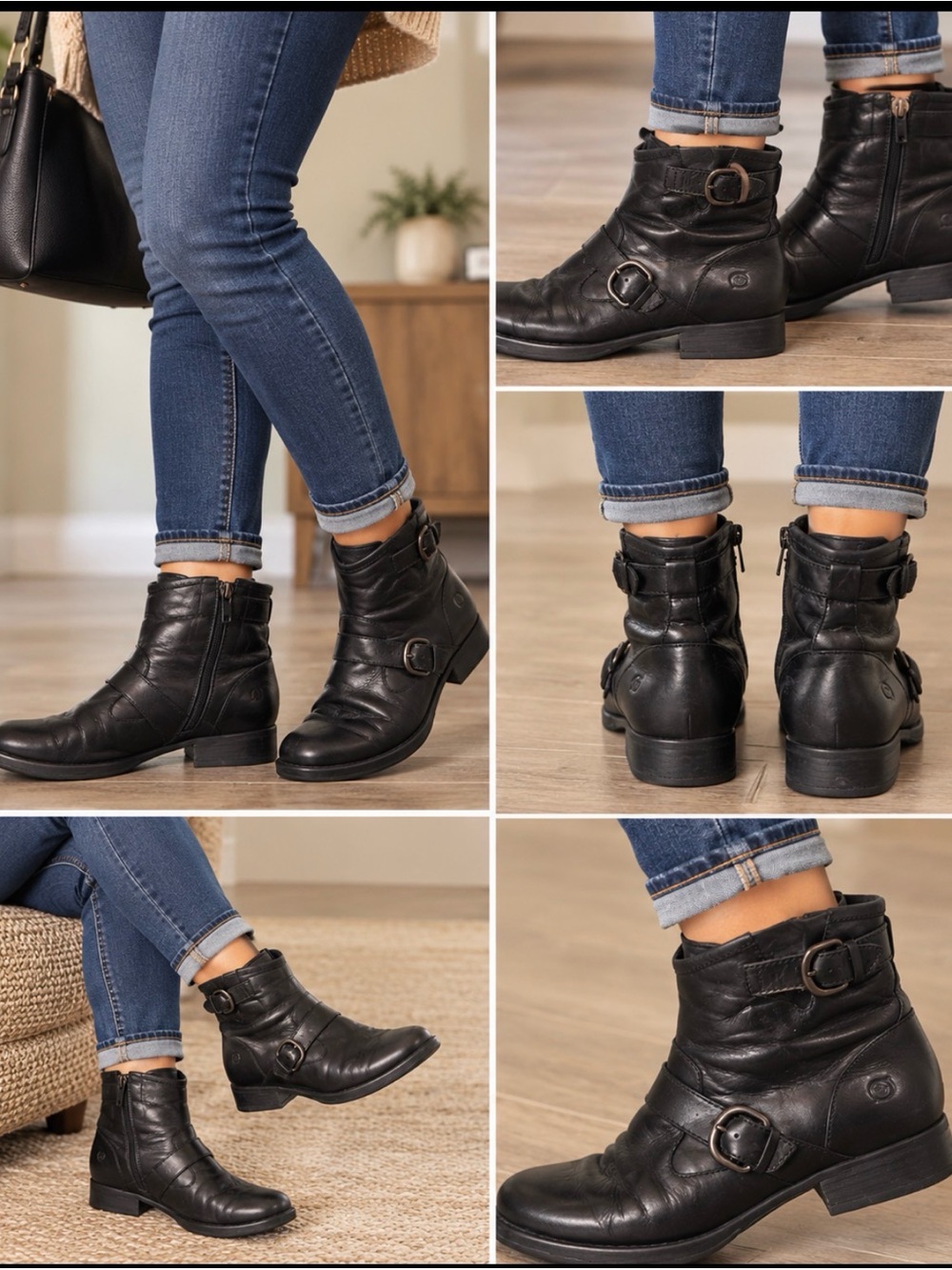 Børn Black Leather Double Buckle Moto Ankle Boots Women’s Size 9